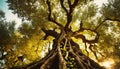 Bottom view of an Old Olive Tree with Green Olives Fruits - Generative Ai