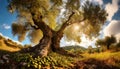 Bottom view of an Old Olive Tree with Green Olives Fruits - Generative Ai Royalty Free Stock Photo