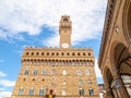 Bottom view of Pallazo Vecchio, Old Palace - Town Hall, with high bell tower, Piazza della Signoria, Florence, Tuscany