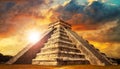 Pyramid from the Ancient Mayan Civilization Against a Dramatic Sky at Sunset - Generative Ai Royalty Free Stock Photo
