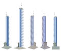 5 bottom view renders of fictional design skyscrapers with parking at the bottom with blue cloudy sky reflections - isolated, 3d