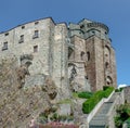 Bottom view shot of the religious complex of Sacra of Saint Michele in Turin, Italy