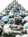 Bottom view of snowy Christmas ornaments on tree Royalty Free Stock Photo