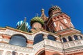Bottom view of St. Basil`s Cathedral with painted domes against a blue sky. Summer sunny day. Moscow, Russia Royalty Free Stock Photo