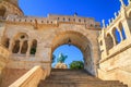 Bottom view of the staircase in the Fisherman`s Bastion overlooking the equestrian statue of King Saint Stephen, Budapest Royalty Free Stock Photo