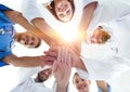 Bottom view.a team of doctors at the medical center clasped their hands together Royalty Free Stock Photo