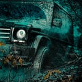 Bottom view to big offroad car wheel on country road and mountains backdrop. Jeep crashed into a puddle and picked up a Royalty Free Stock Photo