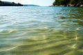 Bottom view to the sea lagoon with mountains and sand underwater Royalty Free Stock Photo