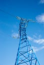 bottom view of the tower of power grids on blue sky background, High voltage, Electricity concept Royalty Free Stock Photo