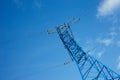 bottom view of the tower of power grids on blue sky background, High voltage, Electricity concept Royalty Free Stock Photo