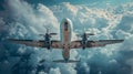 Bottom view - twin prop cargo plane on sky background Royalty Free Stock Photo