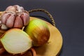 Minced garlic and onions on a wooden tray. Royalty Free Stock Photo