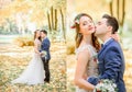 Boubled picture of stunning newlyweds kissing in the autumn park