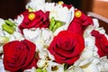 Bouchet of the bride, made of red roses and white flowers. 50 years of marriage Royalty Free Stock Photo