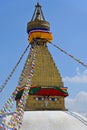 View of the harmika square tower and spire mounted on the dome of Boudhanath, with stylized Eyes of Buddha or Adamantine View Royalty Free Stock Photo