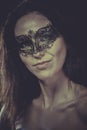 Boudoir, sensual masked woman, venetian mask, brunette young