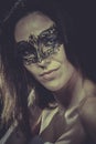 Boudoir, sensual masked woman, venetian mask, brunette young