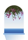 Bougainvillea flowers. Sea view through a window. Royalty Free Stock Photo