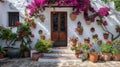 Bougainvillea plants in a clay pot stands on the terrace of a classic rustic Spanish house Royalty Free Stock Photo