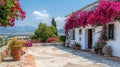 Bougainvillea plants in a clay pot stands on the terrace of a classic rustic Spanish house Royalty Free Stock Photo
