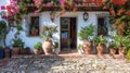 Bougainvillea plants in a clay pot stands on the terrace of a classic rustic Spanish house Royalty Free Stock Photo