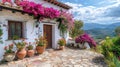 Bougainvillea plants in a clay pot stands on the terrace of a classic rustic Spanish house Royalty Free Stock Photo