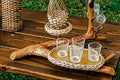 Bough wood wicker tray and glasses