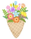 bouguet of colorful flowers in waffle cone on white background \' Hand drawn pastel, oil pastel and chalk illustration