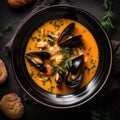 Bouillabaisse On A Black Ornate Round Smooth Plate, French Dish. Generative AI
