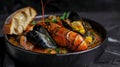 Bouillabaisse Crostini on a black backdrop, featuring toasted baguette slices topped with seafood stew, including fish, mussels,