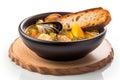 Bouillabaisse Seafood Soup, Fish, Shrimps Broth in Bowl, Abstract Generative AI Illustration