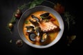 Bouillabaisse Seafood Soup, Fish, Shrimps Broth in Bowl, Abstract Generative AI Illustration