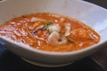 Bouillabaisse soup. Delicious fish soup with shimps, fish fillet and vegetables