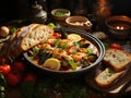 bouillabaisse stew with bread and tomatoes.