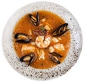 Bouillabaisse. Traditional French fish soup. Top view on white background