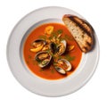 Bouillabaisse On A White Ornate Round Smooth Plate, French Dish. Generative AI