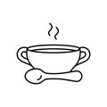 Bouillon. Linear icon of bowl with spoon and hot food. Black simple illustration of broth or clear soup for eatery menu. Contour