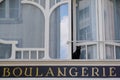 Boulangerie text sign means in french Bakery with black cat Royalty Free Stock Photo