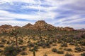 Boulder formations in Joshua Tree National Park, California. Mountain with the condensation trail, or contrail, that looks like a Royalty Free Stock Photo