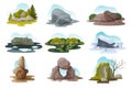 Boulder and rock stone isolated vector illustration set, cartoon pile of boulders in all nature seasons Royalty Free Stock Photo