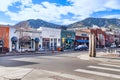 View of the Pearl Street Mall, a landmark pedestrian area in downtown Boulder, Colorado, in the Rocky Mountains