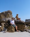 Boulders beach in Simons Town, Cape Town, South Africa. Beautiful penguins. Colony of african penguins on rocky beach in Royalty Free Stock Photo