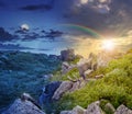 Boulders on the mountain meadow with dandelions 24 hour collage Royalty Free Stock Photo