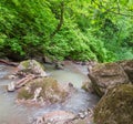 Boulders in a muddy mountain stream.