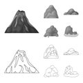 Boulders, a rounded mountain, rocks in the sea. Different mountains set collection icons in outline,monochrome style Royalty Free Stock Photo