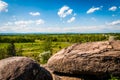 Boulders and view of battlefields on Little Round Top, in Gettysburg, Pennsylvania.