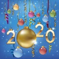 2020 card with christmas balls and golden garlands.