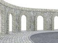 Boulevard along a stone wall with arches on a white background