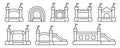 Bouncy inflatable castle icons set. Vector trampoline outline pictograms for jumping game isolated on white background. Royalty Free Stock Photo