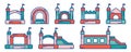 Bouncy inflatable castle icons set. Vector trampoline pictograms for jumping game isolated on white background. Colorful Royalty Free Stock Photo